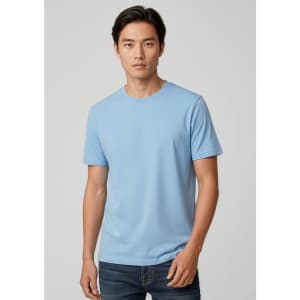 A light blue short sleeve tee for men, featuring a classic crew neck and a logo on one side.