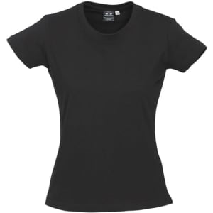 A black women's short sleeve tee with a fitted style, featuring a logo on the label.