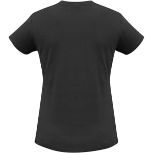 A black short-sleeve women's tee with a round neckline and a plain design. It features a small logo on the back.