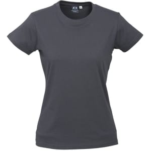 A women's short sleeve tee in dark grey with a fitted design and a logo on the neckline.