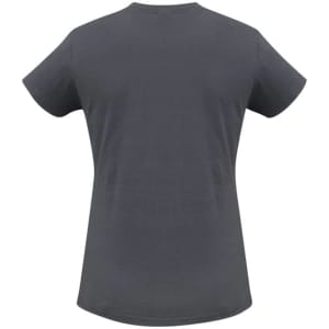A grey women's short sleeve tee featuring a classic round neckline and a relaxed fit. It has a logo on the back.