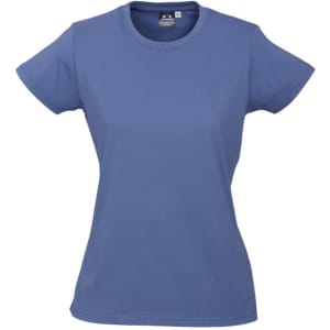 A women's short sleeve t-shirt in a light blue colour, featuring a branded label on the inside.
