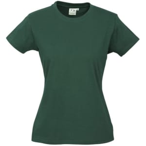 A green women's short sleeve T-shirt with a fitted design and a logo on the label area.
