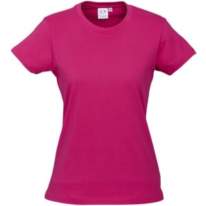 A pink women's short sleeve tee with a classic fit and a logo on the label.