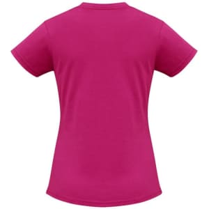 A short sleeve tee in bright pink, featuring a back view and a simple design with a logo.