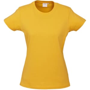 A yellow women's short sleeve tee with a fitted design and a branding logo on the label.