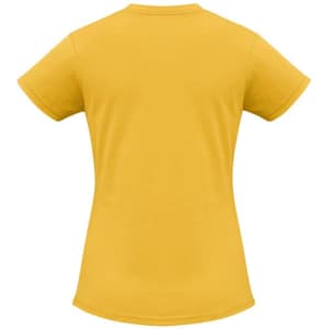 A yellow women's short sleeve tee with a fitted design and a plain back. It features a logo on the fabric.