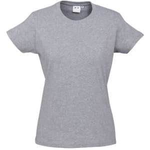 A grey women's short sleeve t-shirt with a round neckline, featuring a logo on the label.