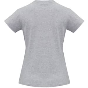 A grey women's short sleeve tee with a fitted silhouette and a logo on the back.