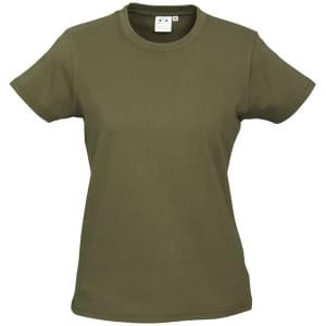 An olive green women's short sleeve tee with a simple design and a tag inside. It features a logo.