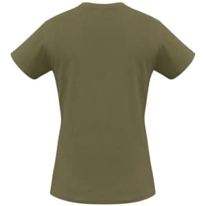 A back view of a women's short sleeve tee in olive green, featuring a simple design and a logo.