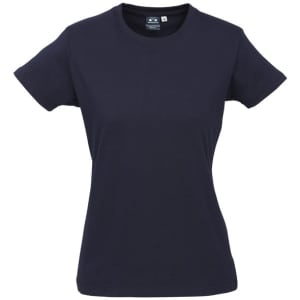 A women's short sleeve tee in navy blue with a fitted design and a logo on the front.