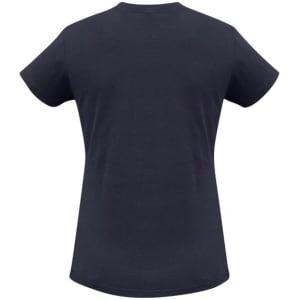 A dark navy women's short sleeve tee with a classic crew neck and a plain back, featuring a logo.