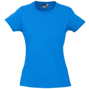 A bright blue short sleeve tee shirt for women featuring a fitted design and a logo on the label.