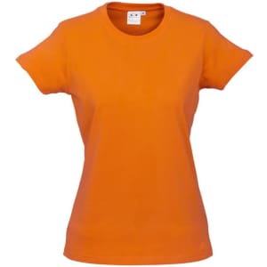 An orange short sleeve tee for women, featuring a fitted design and a round neckline. It has a logo on the label.