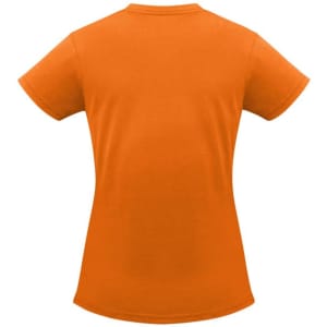 An orange women's short sleeve tee featuring a fitted design and a logo on the back.