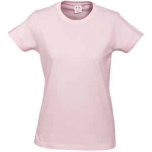 A pink short sleeve tee with a round neckline and a logo tag. Suitable for women's casual wear.