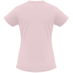 A pink women's short sleeve tee with a fitted design and a logo on the back.