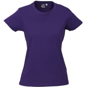 A purple women's short sleeve tee with a fitted style and a logo on the label.