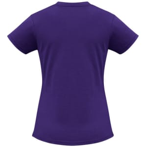A purple women's short sleeve tee with a fitted design and a logo on the back.