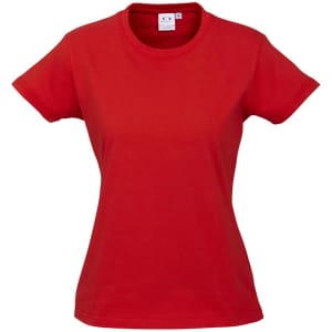 A red women's short sleeve tee with a fitted design and a small logo on the label.