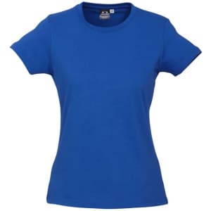 A blue women's short sleeve tee shirt featuring a logo on the front.