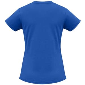 A women's short sleeve tee in vibrant blue, displaying a simple design with a logo.