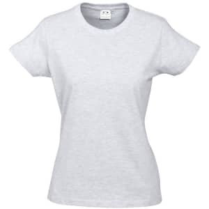 A light grey women's short sleeve tee with a fitted design and a logo on the label.