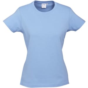 A light blue women's short sleeve tee with a fitted design and a logo on the label.
