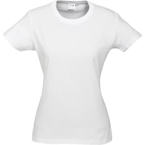 A white short sleeve women's t-shirt with a fitted design and a logo on the neckline.