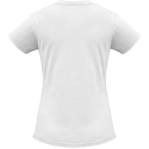 A white women's short sleeve tee with a fitted design and a logo on the back.