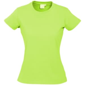 A bright green women's short sleeve tee with a fitted design, featuring a logo on the chest area.
