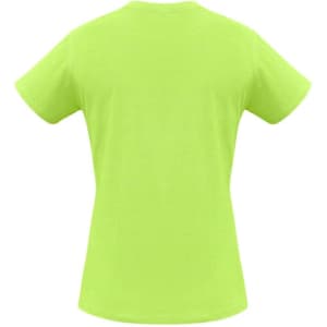 A vibrant green women's short sleeve tee with a classic fit and a logo on the back.