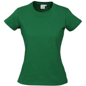 A green women's short sleeve tee with a fitted design and a small logo.