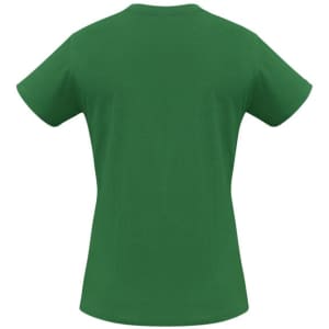 A green women's short sleeve tee with a simple design and a logo on the back.