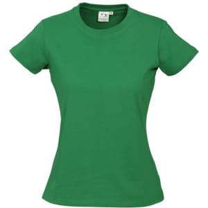 A short sleeve tee in vibrant green, featuring a fitted design and a label inside. The shirt has a logo but no text.