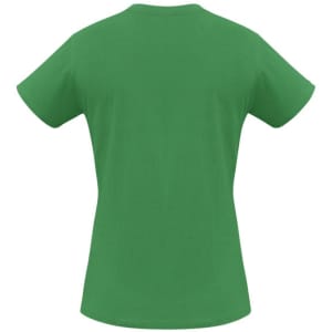 A green short sleeve tee featuring a classic crew-neck design and a logo on the back.