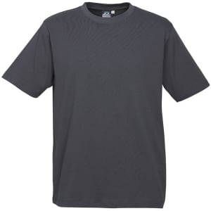 A grey short sleeve t-shirt with a round neckline and a logo on the label.