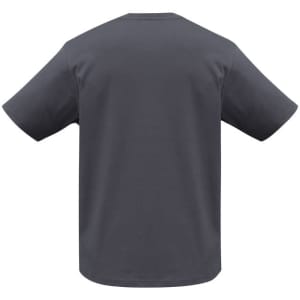 A grey short sleeve t-shirt with a relaxed fit, displaying a plain back design and a logo.