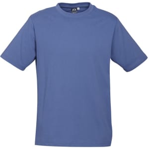 A blue short sleeve tee with a round neckline and a logo on the label. Suitable for casual wear.