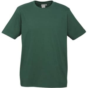 A green short sleeve tee with a crew neck and a small logo on the label.