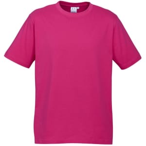 A pink short sleeve tee shirt featuring a standard crew neck and a logo. Perfect for casual wear.
