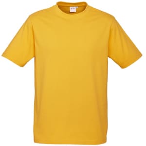 A yellow short sleeve T-shirt with a simple design and a tag inside. It features a logo on the front.