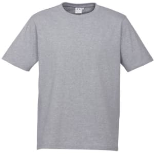 A grey short sleeve t-shirt with a round neckline and a basic design, featuring a logo on the label.
