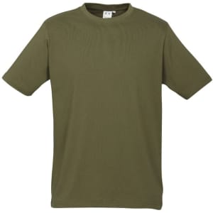 A short sleeve tee in olive green, featuring a round neckline and a simple design with a logo.