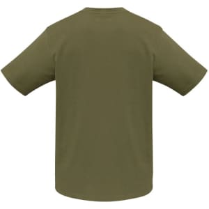 A men's short sleeve tee in olive green with a plain back and a logo.