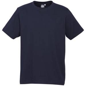 A navy blue short sleeve tee with a crew neck and a small logo. Suitable for casual wear.