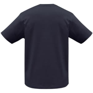 A black short sleeve tee with a straight cut, featuring a simple design and a logo on the back.