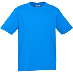 A bright blue short sleeve men's tee is displayed, featuring a classic crew neck style and a logo on the label.