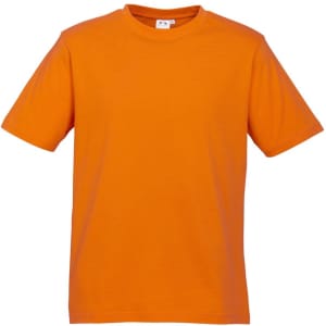 An orange short sleeve t-shirt featuring a round neckline and plain design. It has a branding logo.